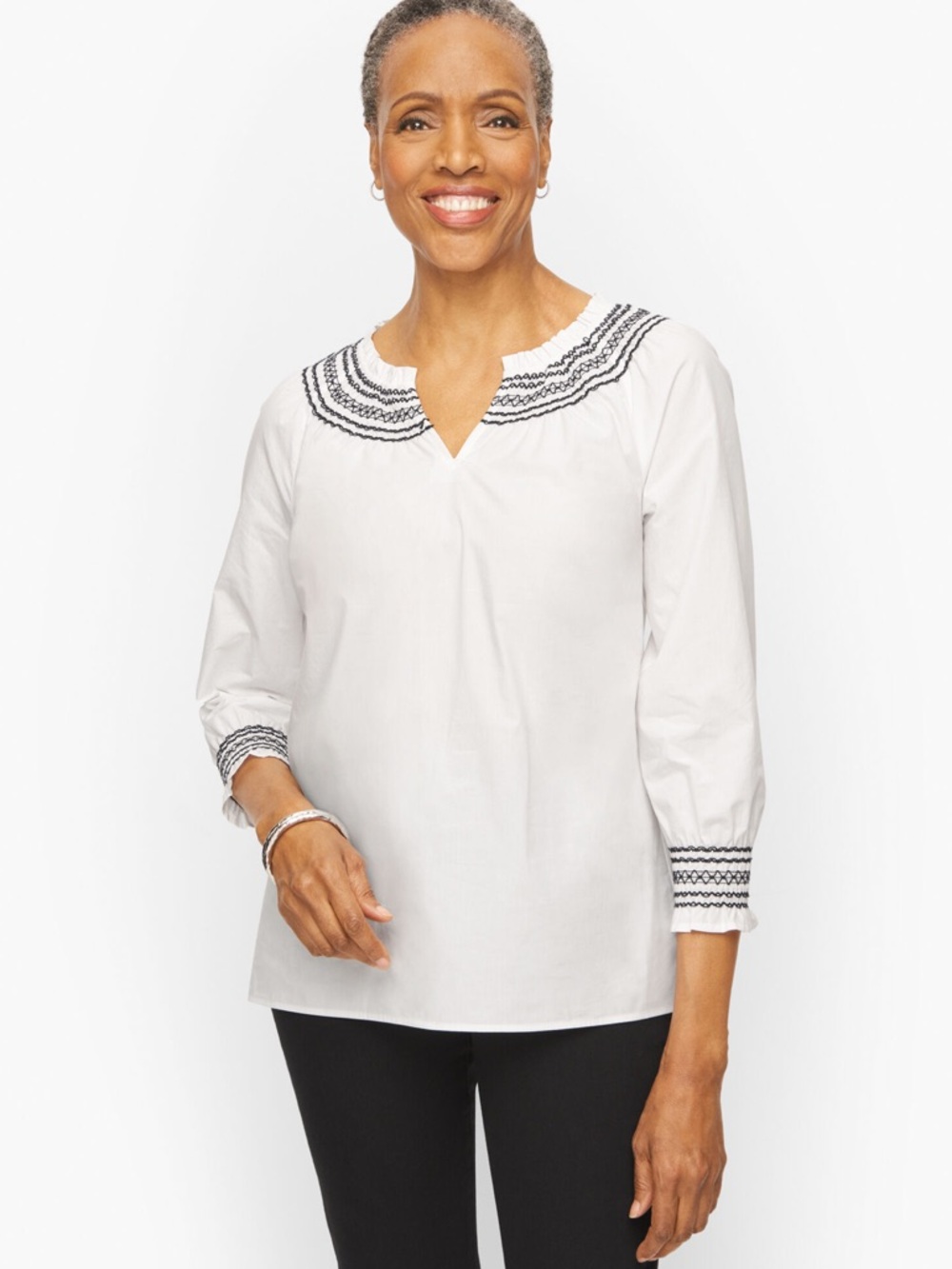 Talbots White Split-Neck Blouse with Black Embroidered Trim